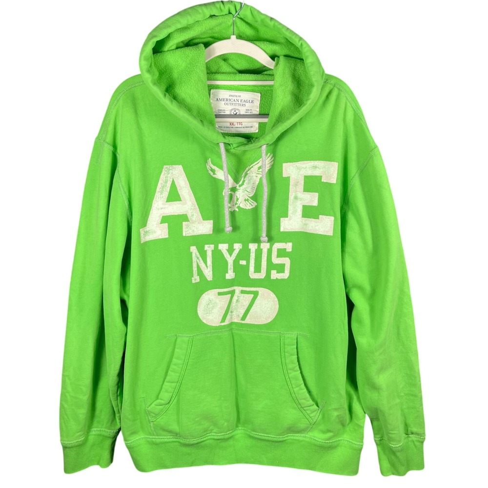 American Eagle Hoodie Mens XXL Lime Green Graphic Athletic Fit Pullover